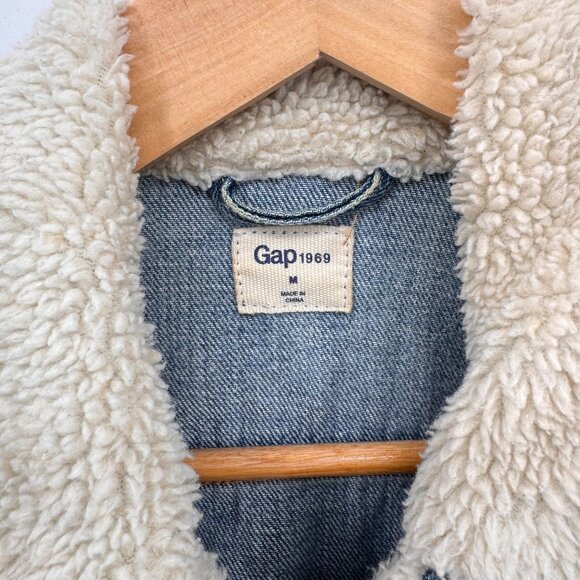 Gap Denim Trucker Jacket Womens Medium Blue Cotton Sherpa Trim Vintage - Picture 6 of 7
